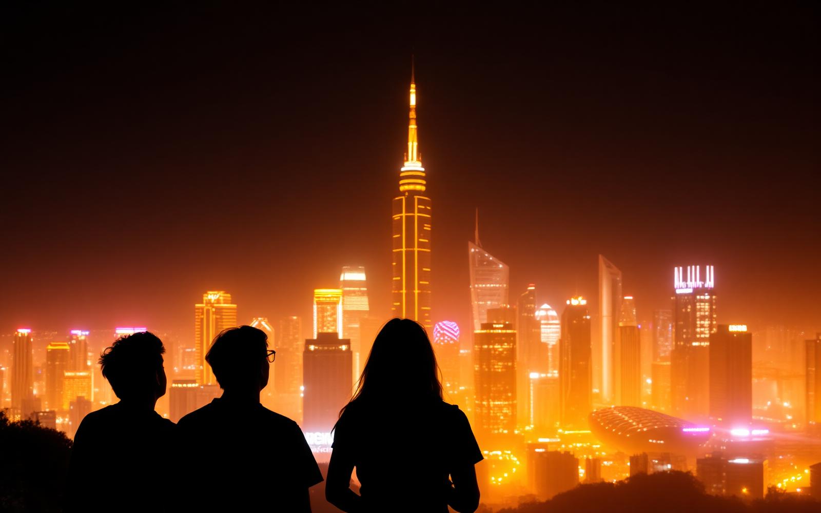 Students looking out at a futuristic city glowing in gold